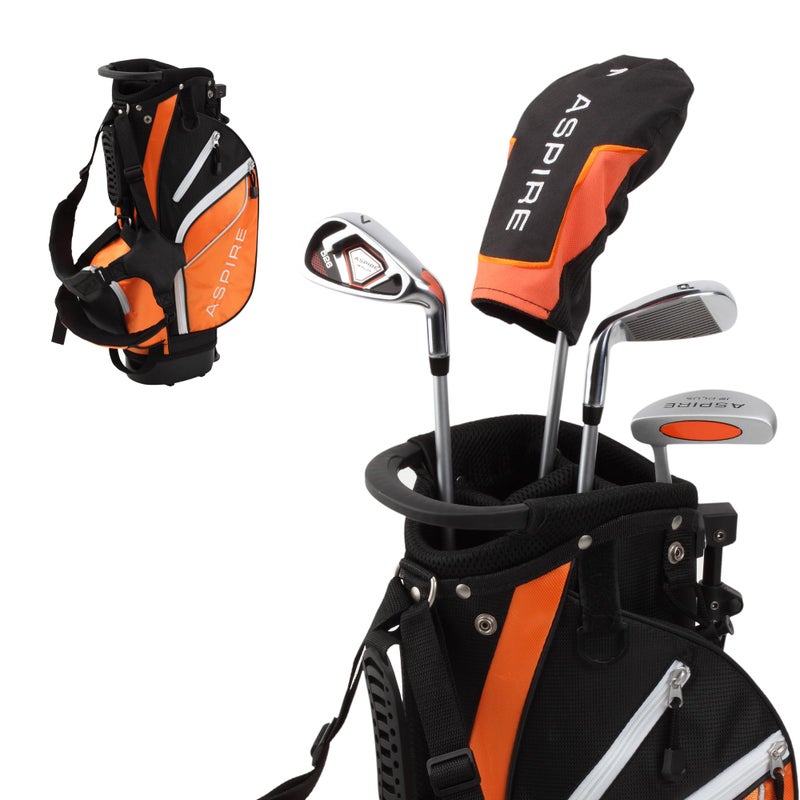 Aspire Junior Plus Kids Golf Clubs â€“ Boysâ€™ & Girlsâ€™ Right-Handed Golf Set with Lightweight Stand Bag, Graphite Shafts & Aircraft-Grade Aluminum Clubs - Orange Ages 5-6 - Image 1